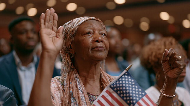 Elderly Haitian grandmother being sworn in at naturalization ceremony, trembling right hand raised, paper American flag gripping left fist, face streaming with tears, grown grandchildren visible ove