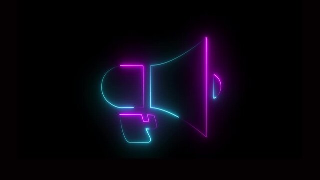 Neon blue and pink color megaphone icon animation on black background.  Light hand speaker animated party science sound speaker technology wave.