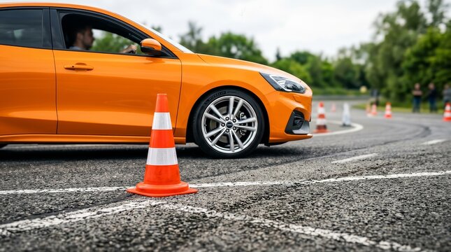 Close-up of a modern vehicle driving through traffic cones at a professional test track.