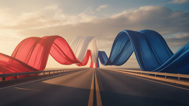 A Dynamic and Patriotic Road Leading to the Horizon Under a Red, White, and Blue Canopy