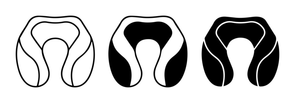 Travel Neck Pillow Icons, U-Shape Support, Black and White Vector Graphics for Comfort and Rest