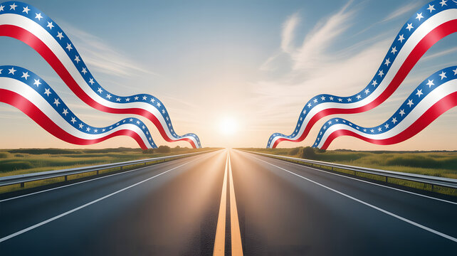 Dynamic perspective of American flags with flowing stripes guiding the path on a long open road at dawn, evoking a strong sense of national pride, freedom, and an optimistic future for the nation