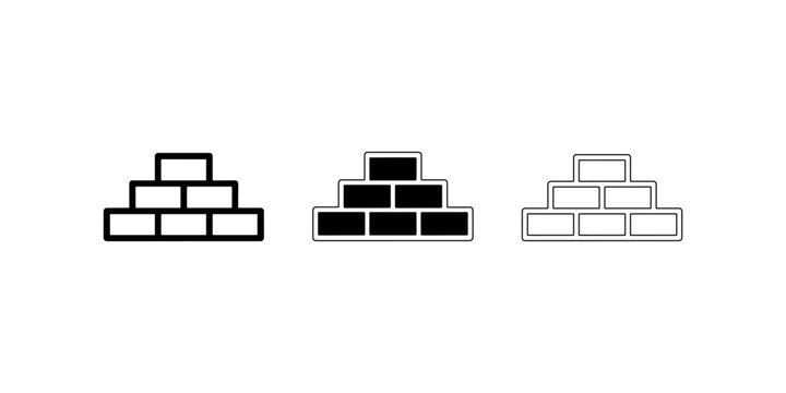 Group of three brick wall icons representing construction building materials in outline filled and line art on white.