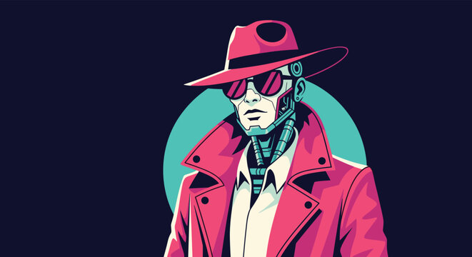 Stylish cyberpunk illustration of a robotic detective wearing a red fedora, sunglasses, and a trench coat with neon accents.