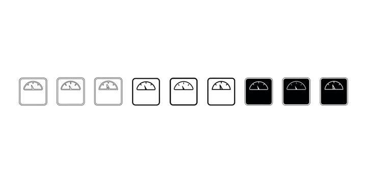 Weight scale icons collection featuring different outline stroke weights and solid black fill variations for body mass index tracking and health fitness.