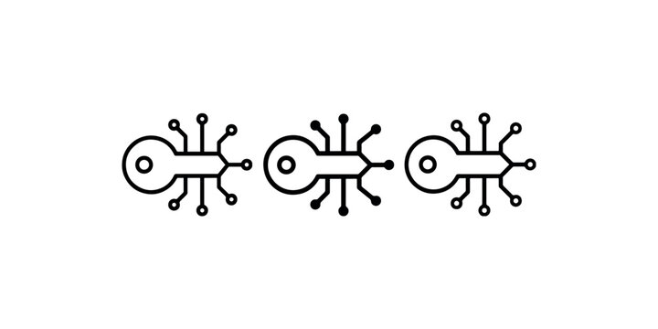 Digital technology circuit board key icons with nodes and connecting lines representing security access and network connection.