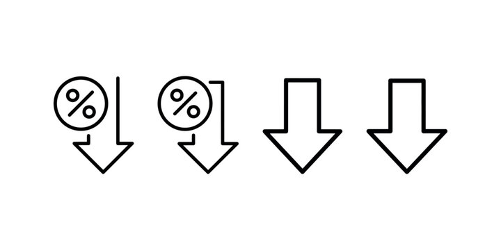 Set of simple line icons illustrating percentage decrease downward arrows and plain arrows on white background.