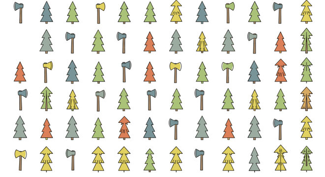 Systematic grid pattern showing rows of various stylized pine trees and metal axes in different colors on a white background.