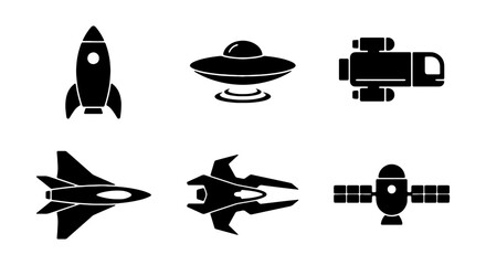 Spacecraft Icons: Rocket, UFO, Shuttle, Jet, Satellite, Sci-Fi Vector Set © MD