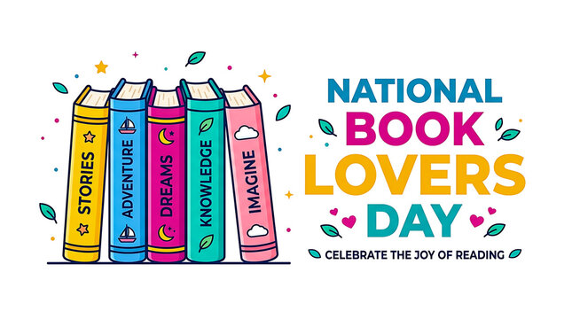 National book lovers day celebration with colorful books and decorative on white background