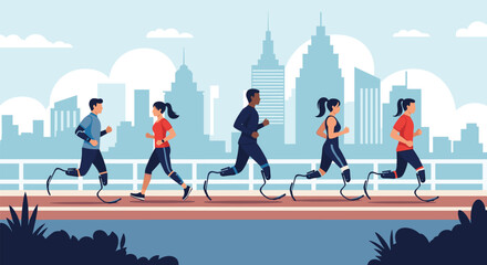 Fototapeta premium Determined athletes with prosthetic running blades participating in a city marathon with a modern urban skyline backdrop.