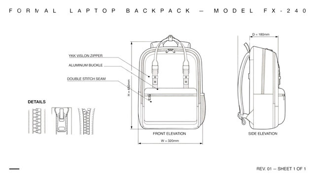 Technical drawing of a backpack with dimensions and product design specifications Vector