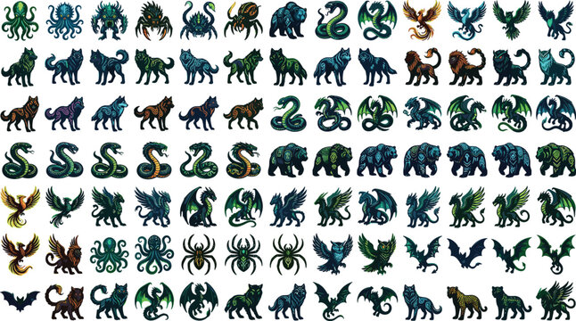Vector cartoon mega icon set of mythological fantasy creatures wild beasts dragons and monsters isolated on white background