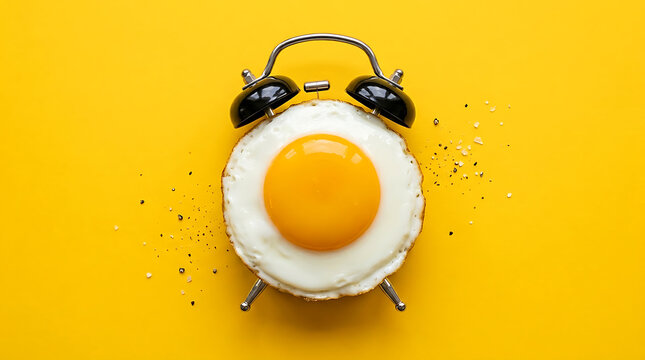 Creative breakfast concept Fried egg alarm clock on vibrant yellow background symbolizing morning time