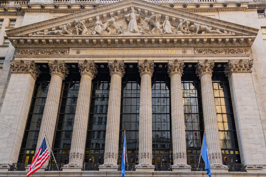 New York, NY, US-April 13, 2026: The entrance to the New York Stock Exchange building on Wall Street in the global financial capital.