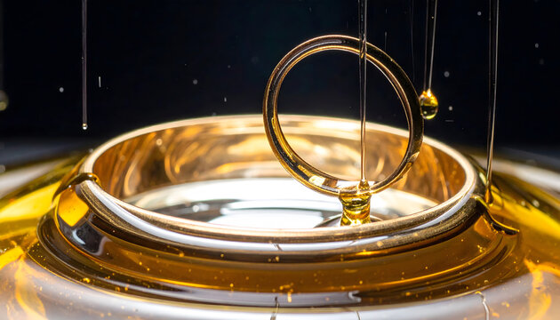 Liquid Gold Motion: Gold ring suspended in midair as streams of liquid gold spiral around it frozen