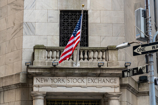 New York, NY, US-April 13, 2026: The entrance to the New York Stock Exchange building on Wall Street in the global financial capital.