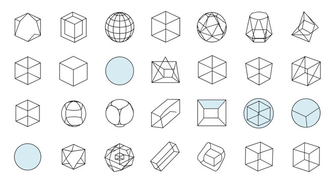 Grid of various 3D geometric wireframe shapes including cubes, spheres, and polyhedrons for mathematical or design concepts.