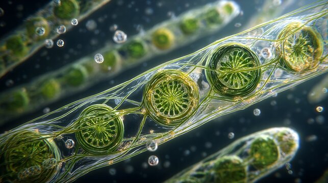 Microscopic 3D render of green filamentous algae cells with detailed internal structures and bubbles in water