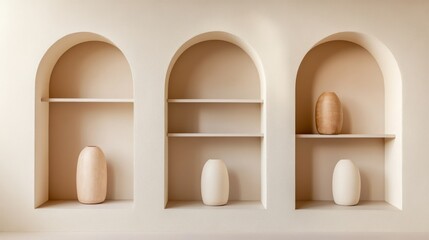 Fototapeta premium Beige Arched Wall Alcoves with Minimalist Neutral Vases Organic Wood and Ceramic Vessels on Shelves for a Serene Interior Product Display Background, Architecture, Calm