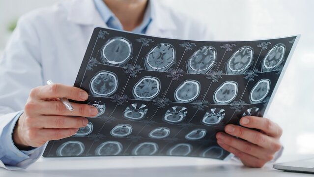 Doctor holding brain scan MRI images, medical professional analyzing neurological scan results, healthcare worker in lab coat reviewing diagnostic imaging