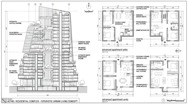 Architectural section and apartment unit floor plans for a futuristic smart residential complex