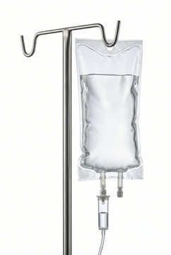 Medical IV Drip Bag with Saline Solution Hanging on Metal Pole
