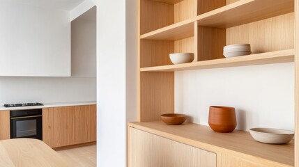 Fototapeta premium Bright modern interior showcasing natural wood shelving with minimalist ceramics, adjacent to a sleek light wood kitchen with an oven and hob. Interior, Japandi