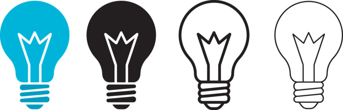 Set of four light bulb featuring blue solid, black solid, thick outline, and thin outline variations for innovation and idea concepts