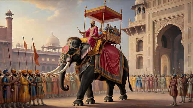 Indian mughal emperors procession riding decorated elephants
