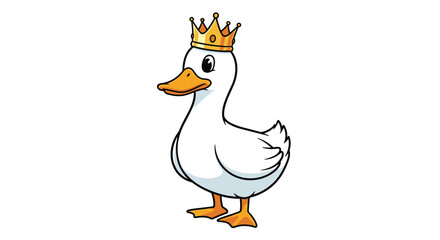Obraz premium Cute cartoon white duck with large eyes wearing a small golden crown on its head standing against a plain white background.