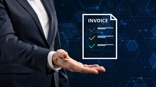 Businessman holding digital invoice document with checklist for billing and financial management concept