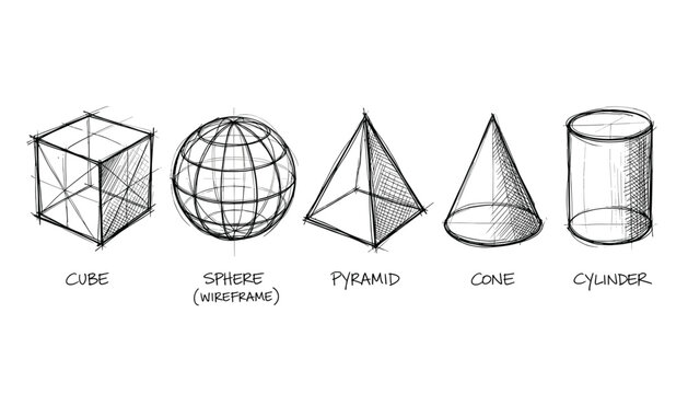 Geometric 3d shapes sketched for education and design transparent vector objects.