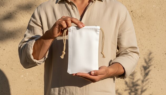 Hispanic man holding a blank white smartphone drawstring bag in a sunlit minimalist cafe courtyard