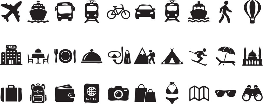Detailed collection of black travel and tourism vector icons featuring transportation modes activities and essential vacation items for creative projects