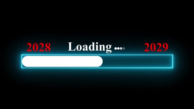  New year 2029 loading bar animation Year changing from 2028 to 2029. Motion graphics of year change concept with black background.