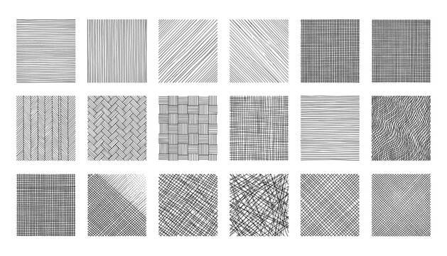 Collection of abstract square patterns with varied line textures representing fabric and graphical design elements, vector transparent background.