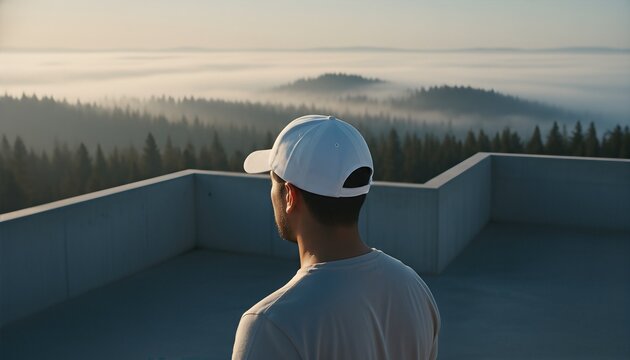 Hispanic man wearing a blank white field cap on a modern concrete viewing deck