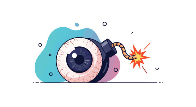 Creative illustration of a black round bomb featuring a realistic bloodshot eyeball with a lit orange fuse sparking against a blue background.