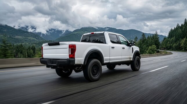 Off-road equipped white pickup truck with skid plates and mud flaps cruising on an open road.