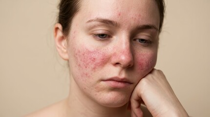 Naklejka premium Portrait of a young Caucasian woman showing pink acne and severe rosacea on her skin.