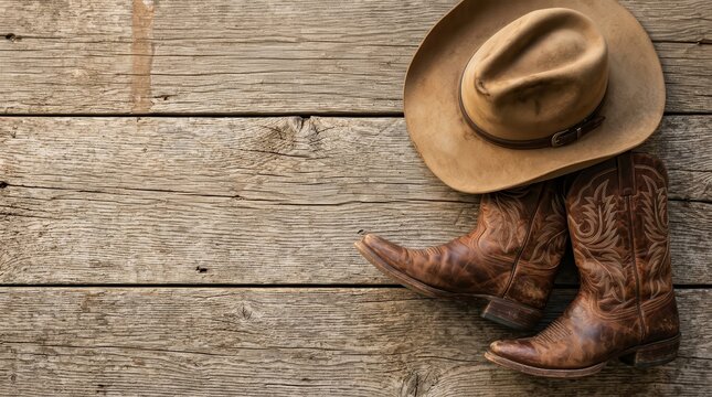 Western accessories including cowboy boots and a hat placed on old wood planks with writing space.