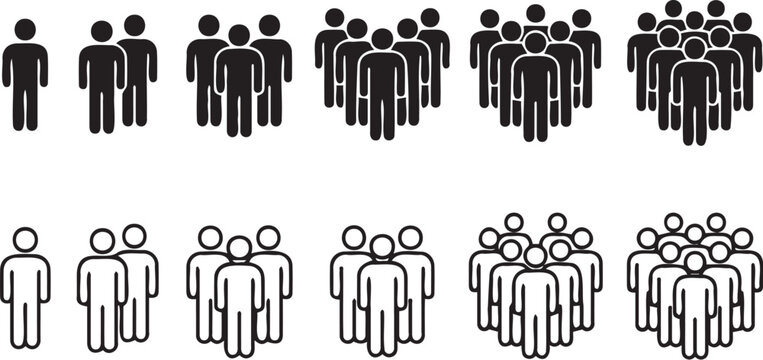 Minimalist vector graphic illustration featuring sets of people icons arranged in increasing group sizes for professional business data visualization projects