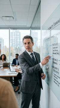 Executive discussing business continuity planning on glass whiteboard