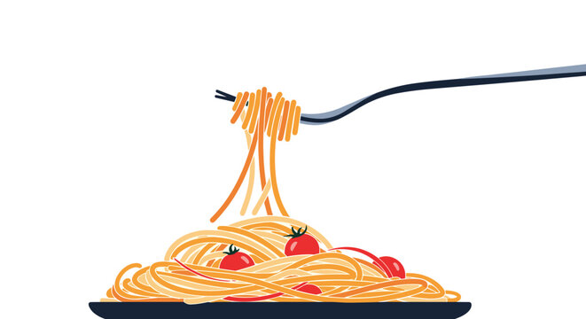 Delicious looking spaghetti pasta with red cherry tomatoes is served on a dark plate with a fork lifting a large portion of noodles up.