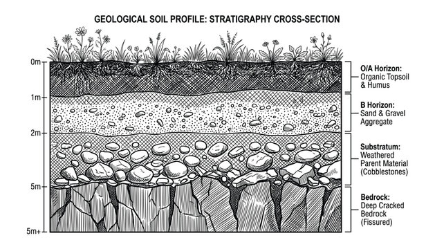 Geological soil profile stratigraphy cross section vector illustration showing different earth layers with labels and scale.