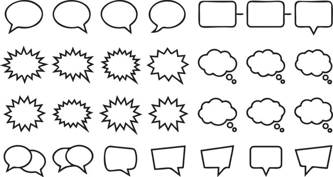 Collection of diverse black and white vector speech bubble illustrations featuring various rounded square and jagged comic style shapes