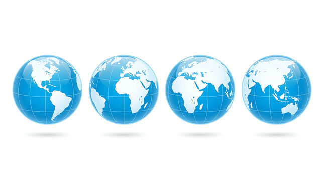 Four blue globes side by side showing different world map hemispheres on white background