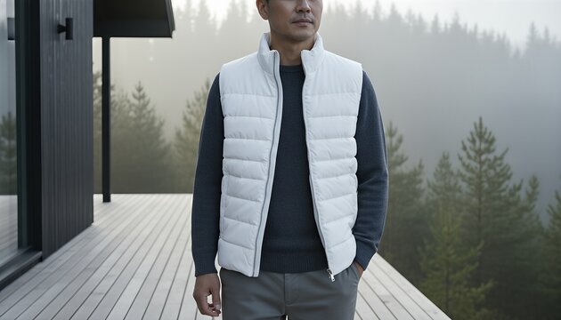 Middle aged East Asian man wearing a blank white puffer vest on a modern cabin deck