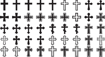 Fototapeta premium Collection of diverse christian cross vector graphic icons displaying various ornate and simple styles for religious design and digital projects